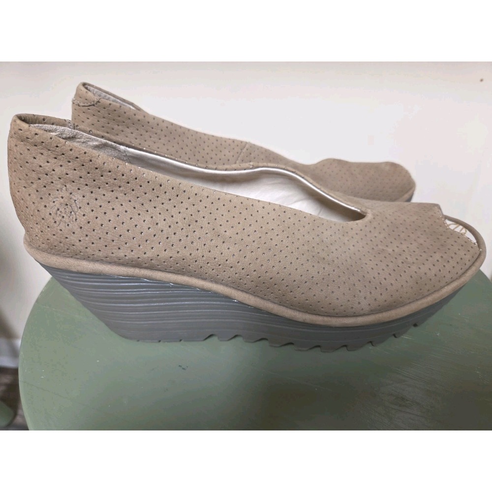 Fly London Yury Wedges Womens 41 US 10/10.5 Beige Suede Peep Toe Slip On